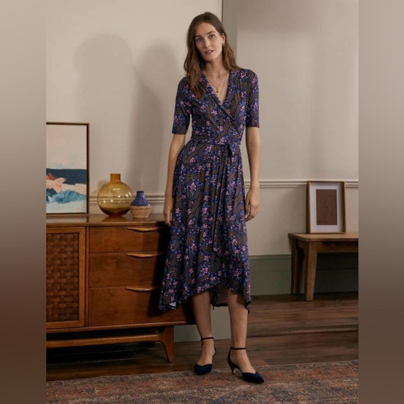 Boden Dress Size 2 US Navy Blue Pink Jersey Wrap Floral Midi Sleeves “Lavinia” - Picture 7 of 11